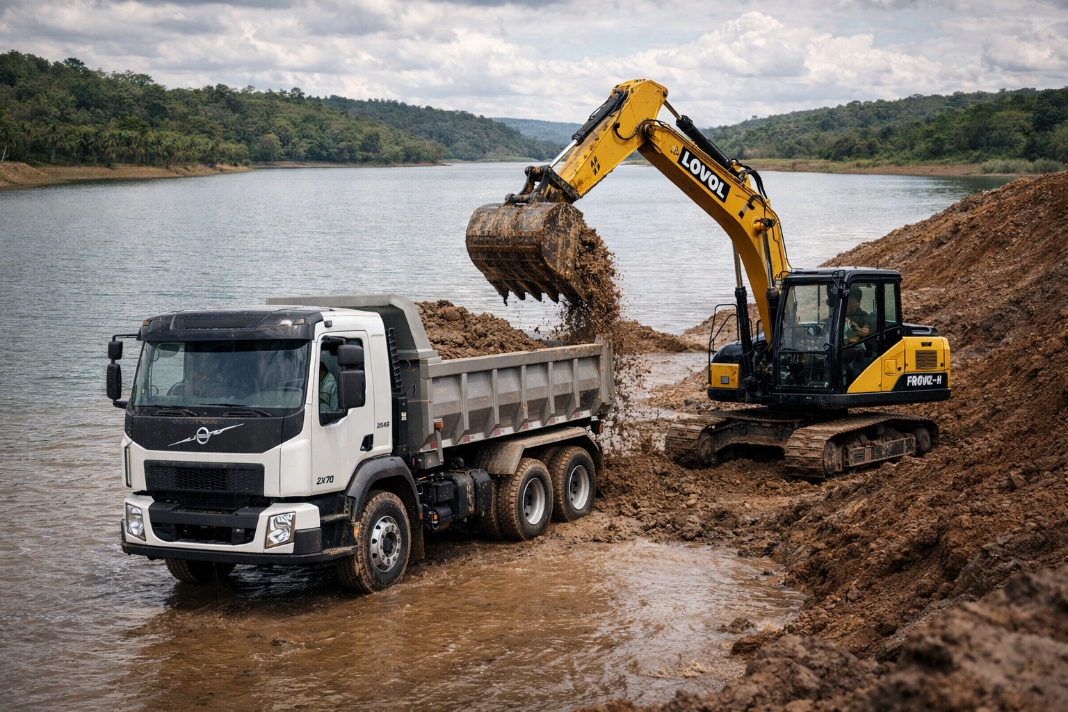 Escavadeira Lovol em obra de drenagem